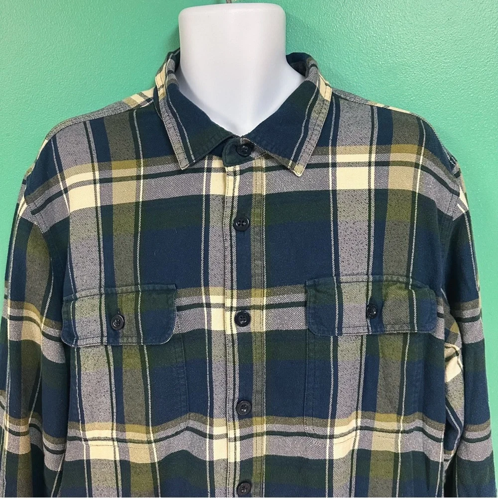 LL Bean Blue Green Yellow Plaid Fleece Lined Flannel Shirt Traditional Fit XL TL